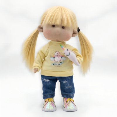 handmade textile doll little girl Alica, witch her friend Capricorn