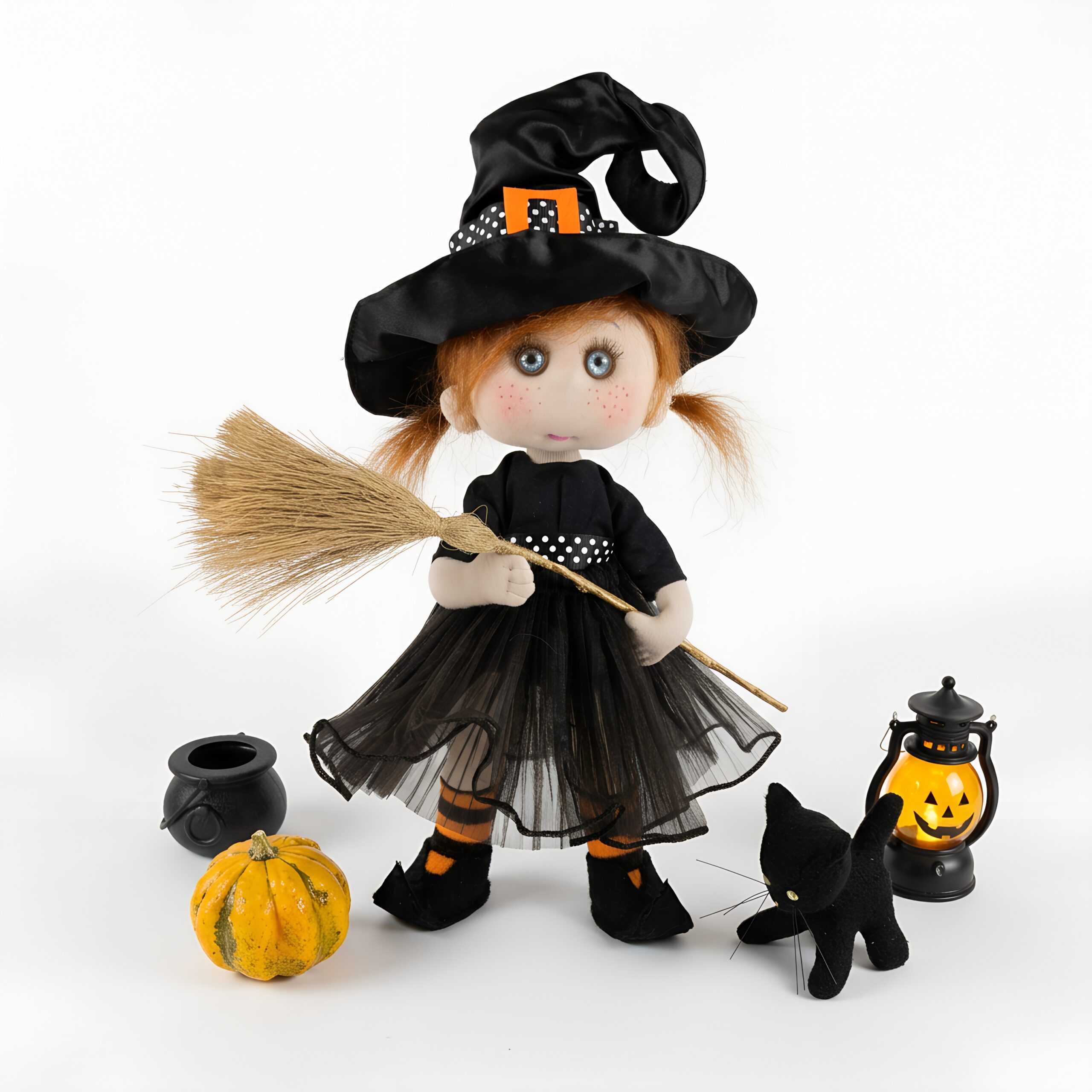 Handmade Halloween witch fabric doll with ginger pigtails, black witch hat, tulle skirt, and tiny black cat figure.