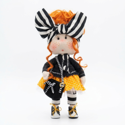 handmade textile doll Aunt Motya with red curly hair, striped bow and yellow polka dot skirt