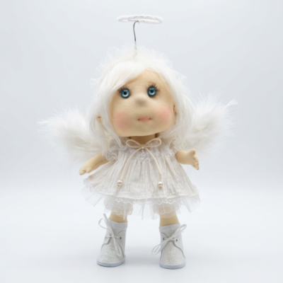 Handmade Christmas Angel Doll in white festive lace dress with fluffy wings, halo, and glitter boots