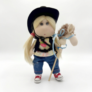 Handmade cowgirl textile doll with toy horse and cowboy hat